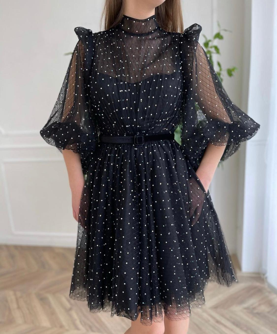 Black mini dotted dress with short sleeves