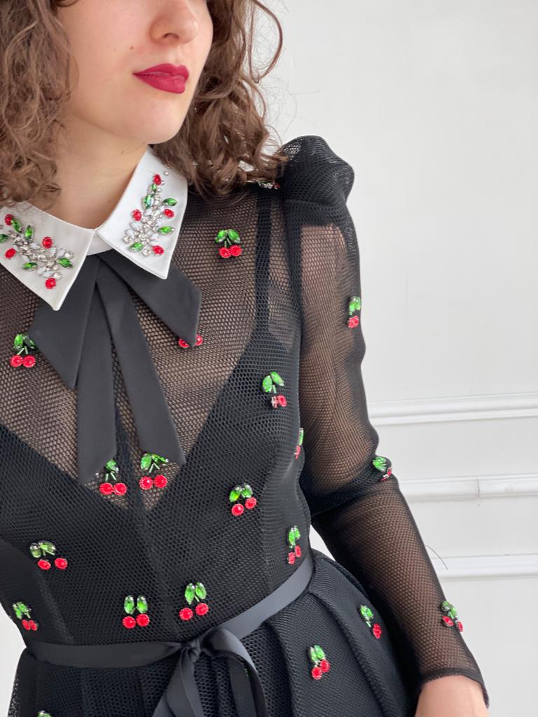 Black mini dress with embroidered cherries and long sleeves
