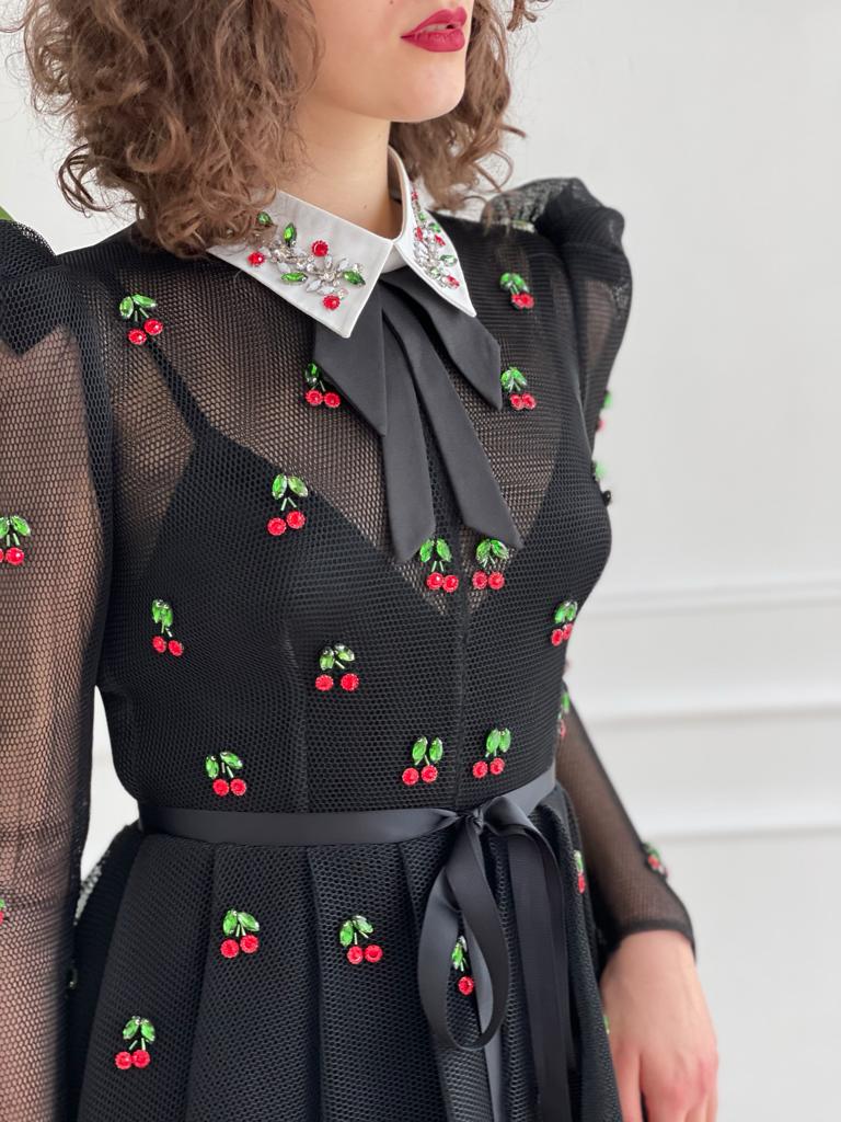 Black mini dress with embroidered cherries and long sleeves