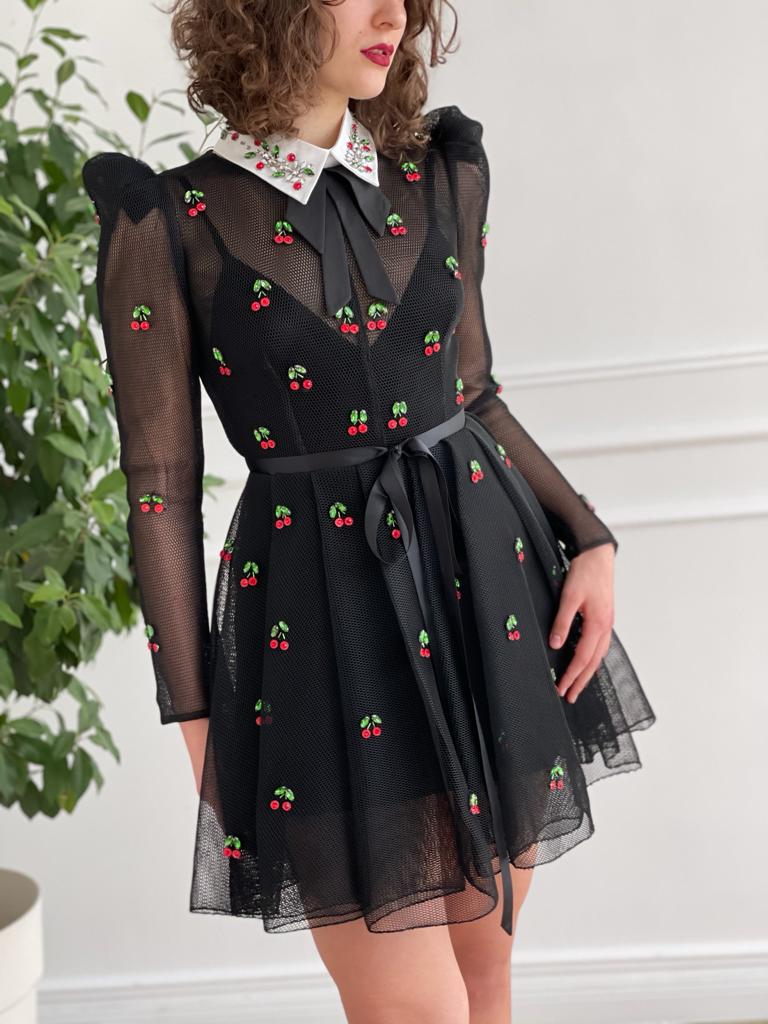 Black mini dress with embroidered cherries and long sleeves