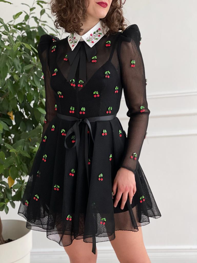 Black mini dress with embroidered cherries and long sleeves