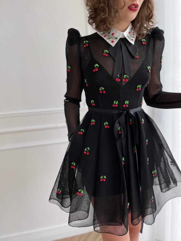Black mini dress with embroidered cherries and long sleeves