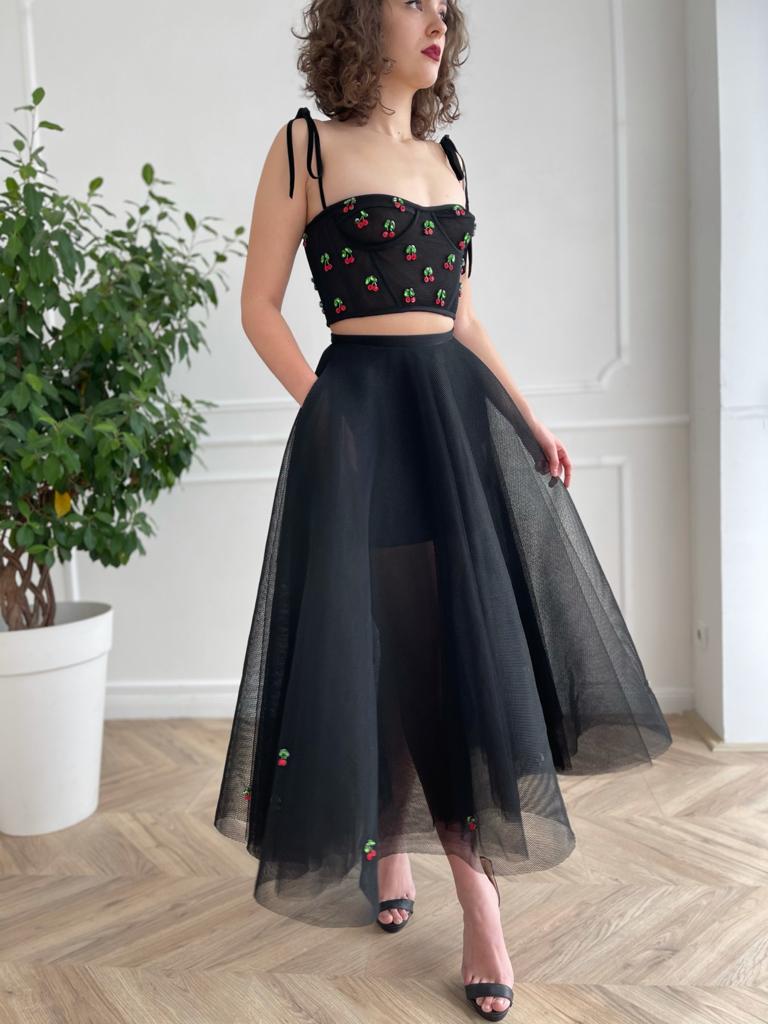 Black two piece dress with embroidered cherries and bow straps
