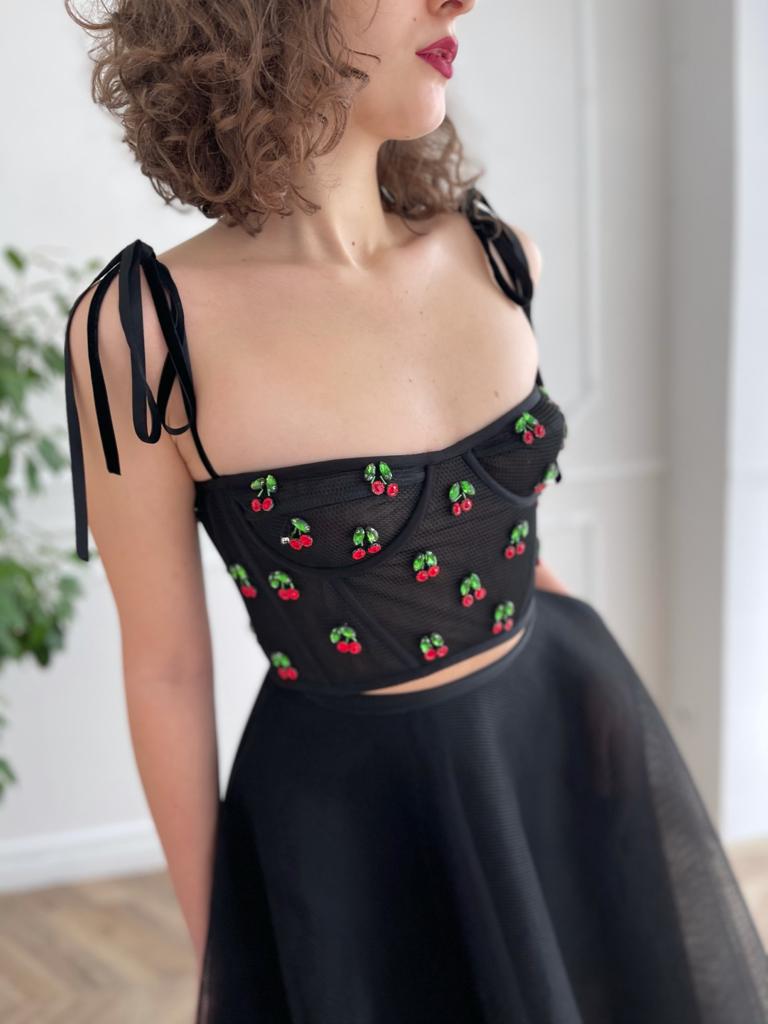 Black two piece dress with embroidered cherries and bow straps