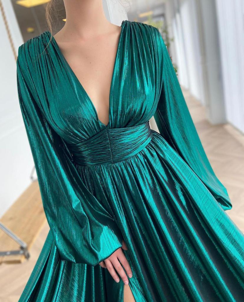 Green A-Line dress with long sleeves and v-neck