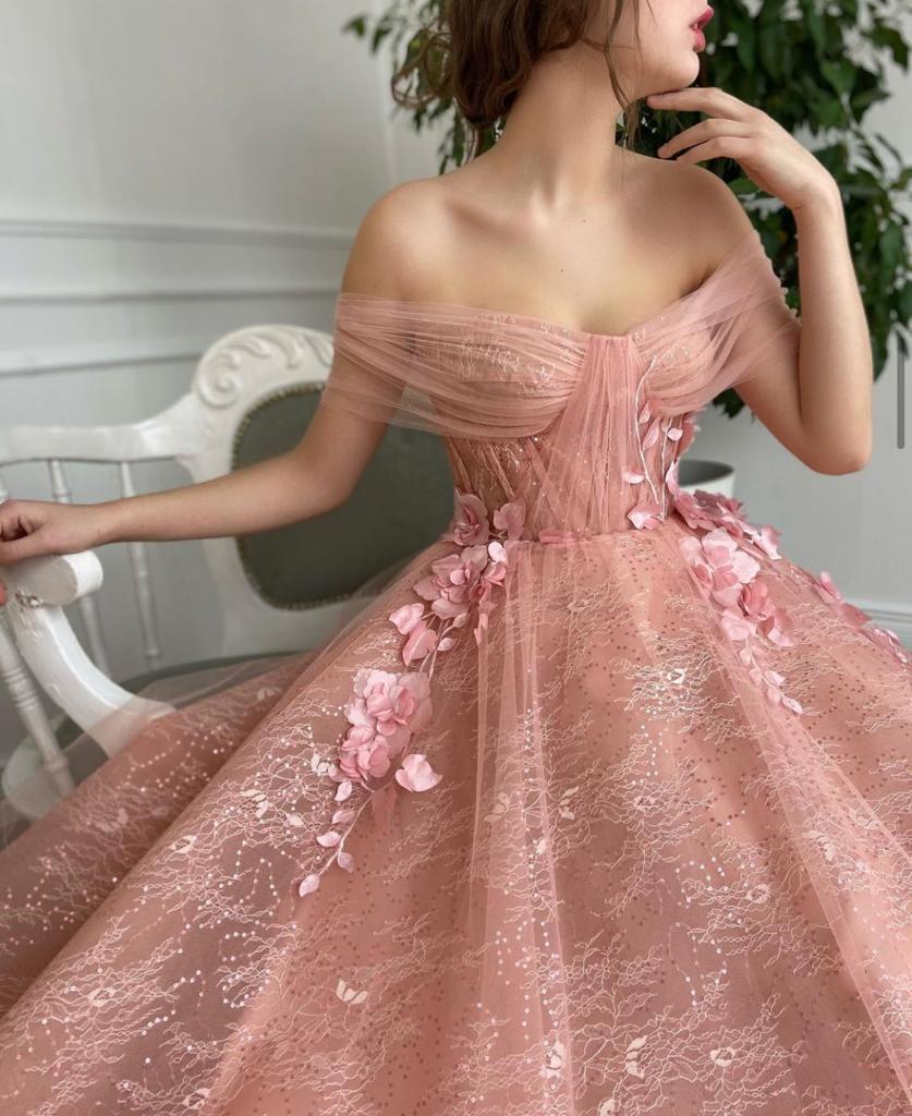 Pink A-Line dress with off the shoulder sleeves and embroidery