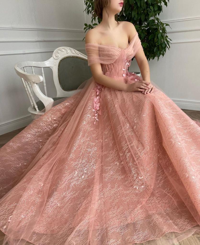 Pink A-Line dress with off the shoulder sleeves and embroidery