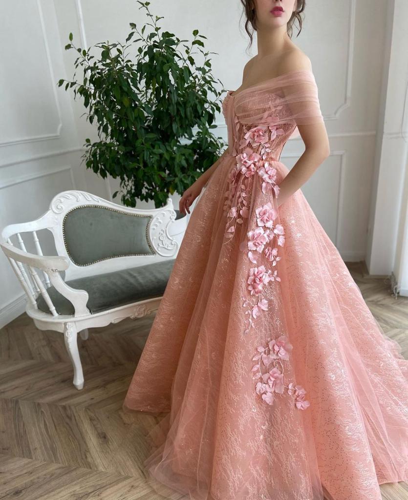 Pink Prom Dresses V-Neck Puffy Sleeves A-Line Evening Gown f
