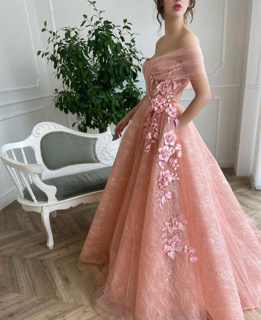 Pink A-Line dress with off the shoulder sleeves and embroidery