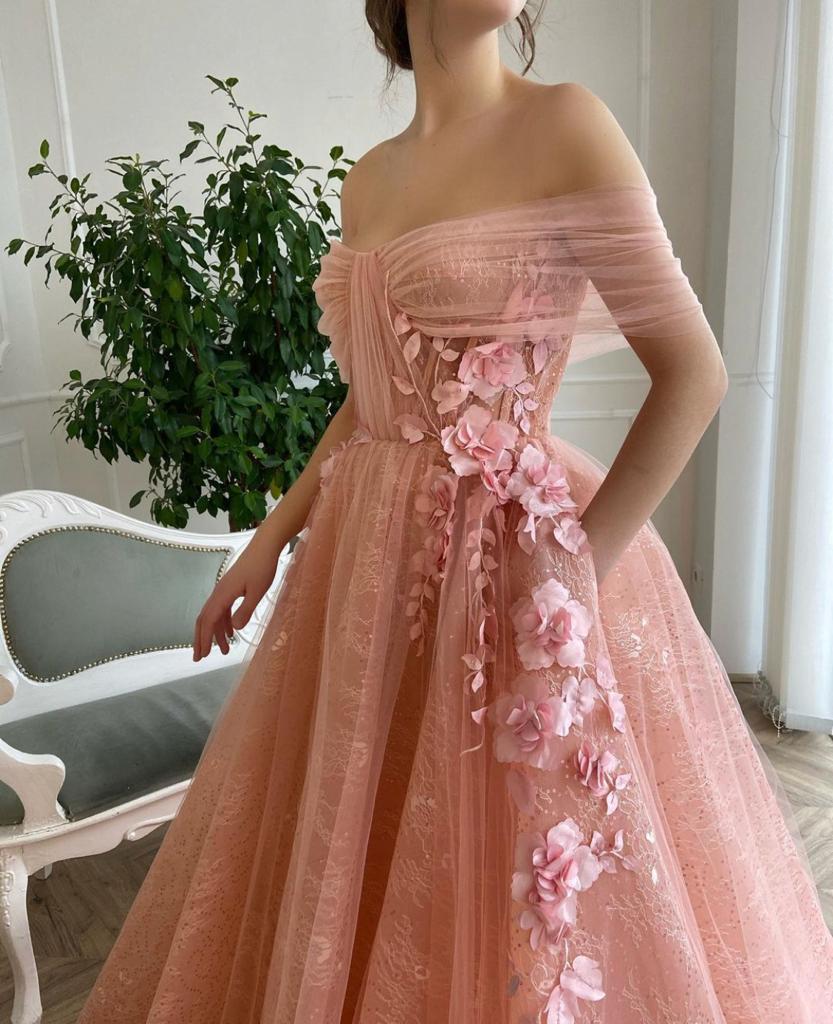 Pink A-Line dress with off the shoulder sleeves and embroidery