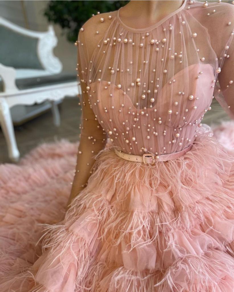 Pink A-Line dress with long sleeves, beading and belt