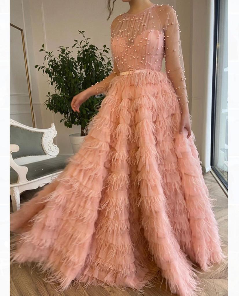 Pink A-Line dress with long sleeves, beading and belt