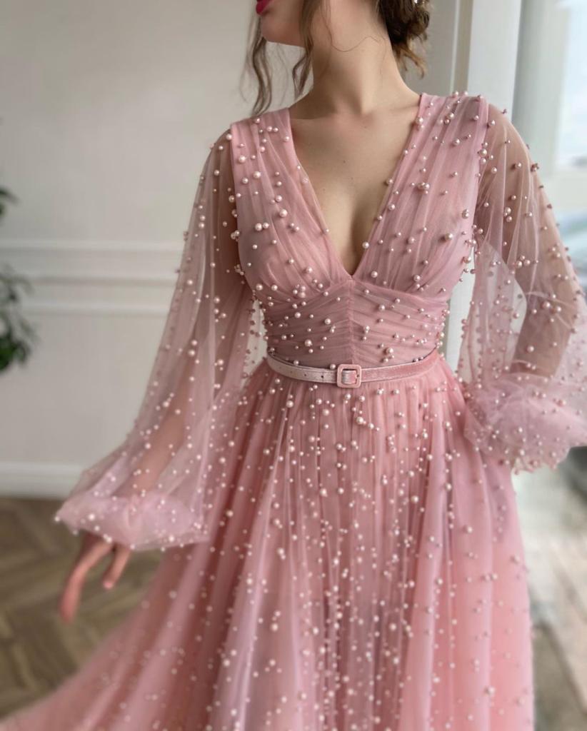 Pink A-Line dress with belt, v-neck, long sleeves and beading