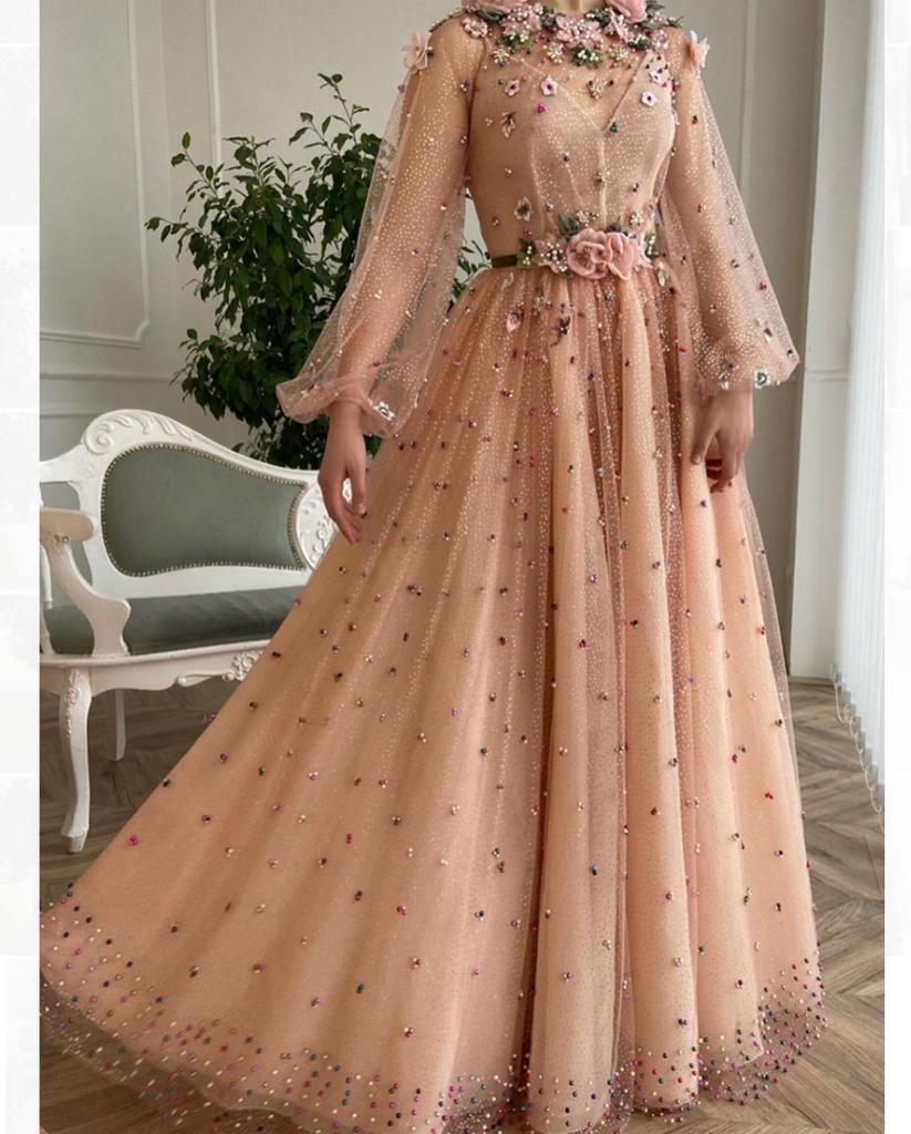 Pink A-Line dress with embroidery, beading and long sleeves