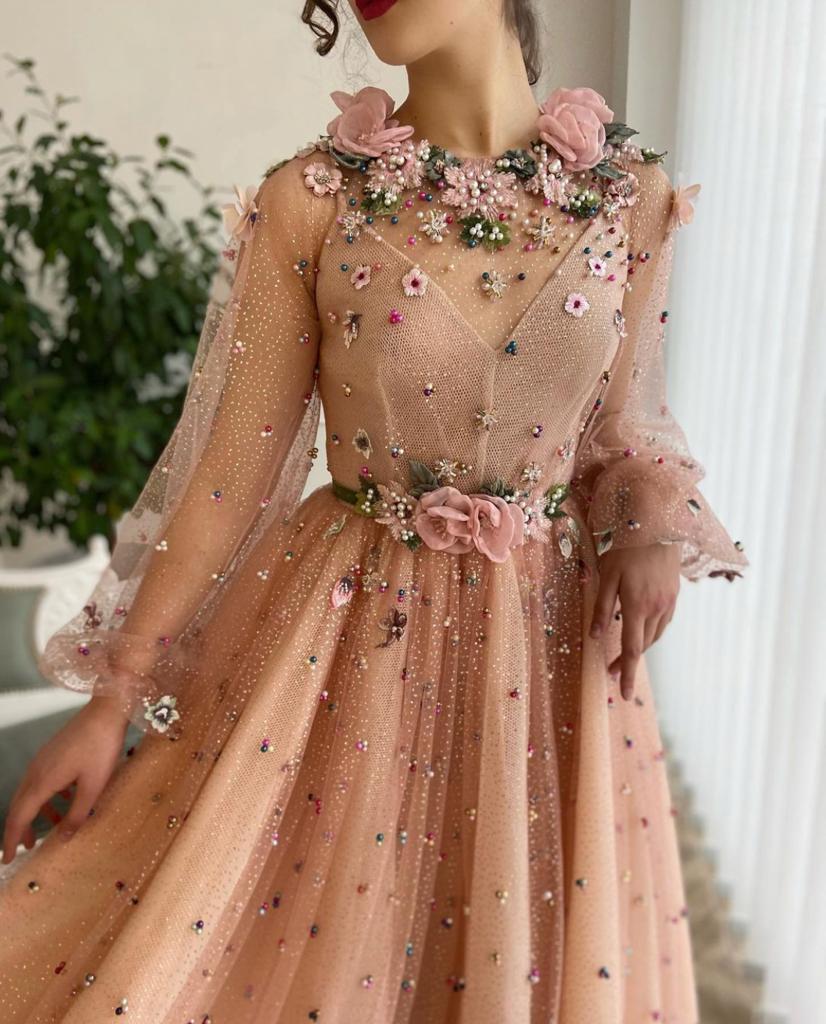 Pink A-Line dress with embroidery, beading and long sleeves