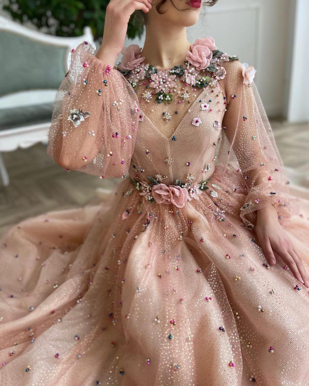 Pink A-Line dress with embroidery, beading and long sleeves