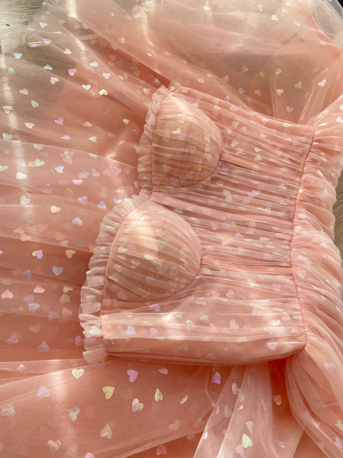 Pink mini dress with long off the shoulder sleeves, spaghetti straps and hearty fabric