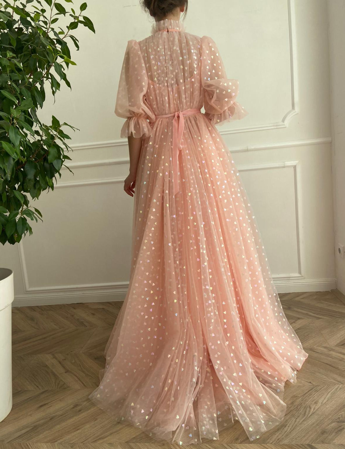 V-Neck Ball Gown Long Lace Light Pink Satin Appliques Evening Dresses –  Laurafashionshop