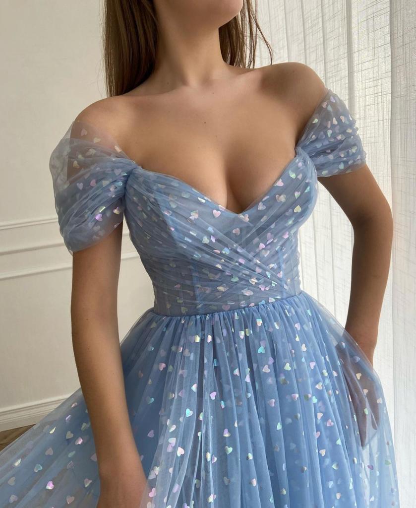 Blue midi dress with off the shoulder sleeves, belt and hearty fabric