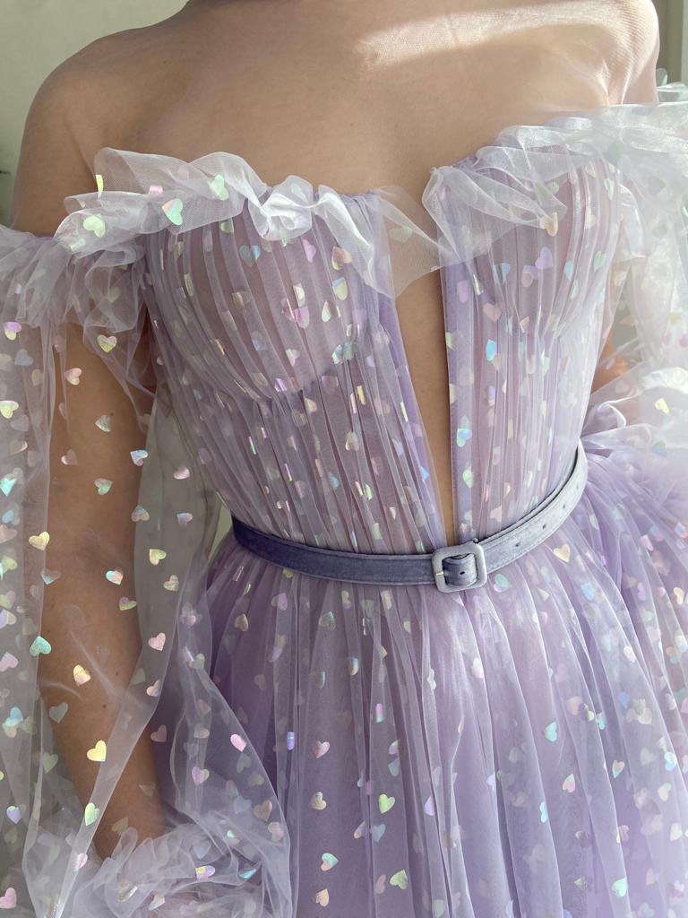 Purple A-Line dress with long sleeves, belt and hearty fabric