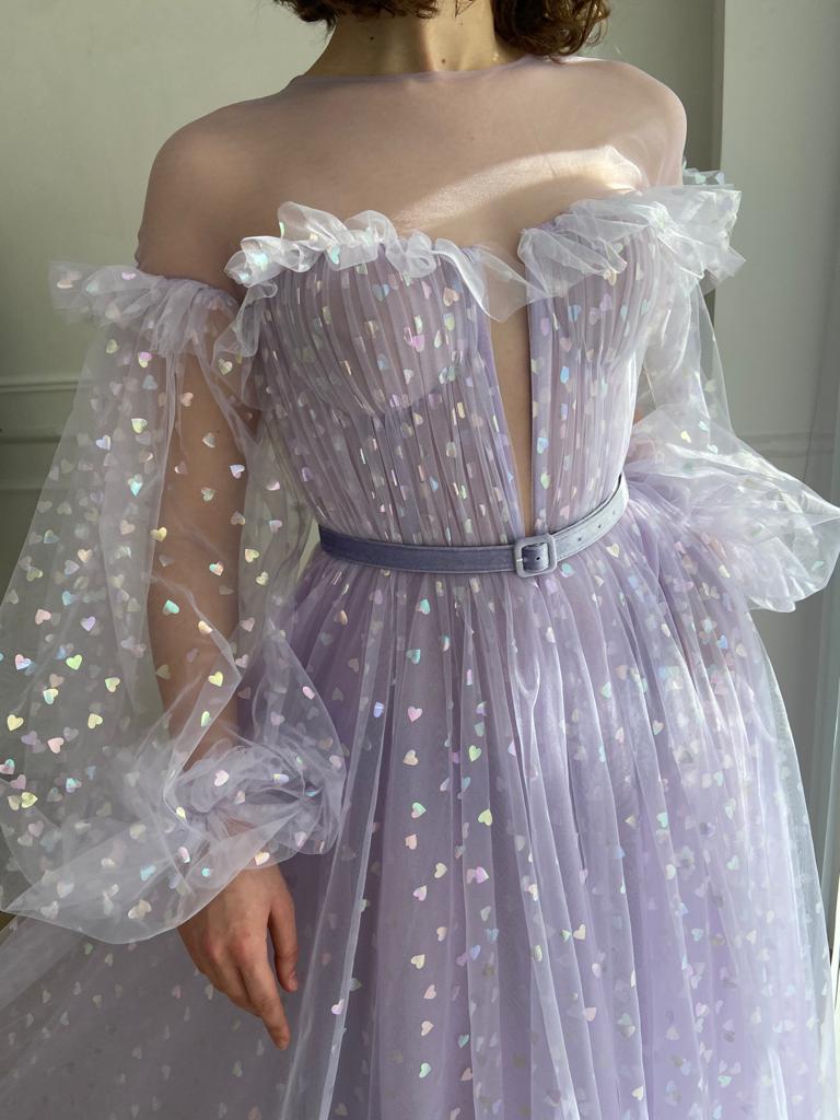 Purple A-Line dress with long sleeves, belt and hearty fabric