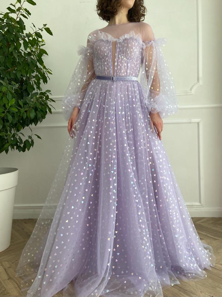 Purple A-Line dress with long sleeves, belt and hearty fabric