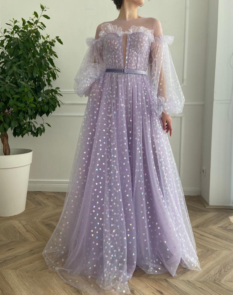 Purple A-Line dress with long sleeves, belt and hearty fabric