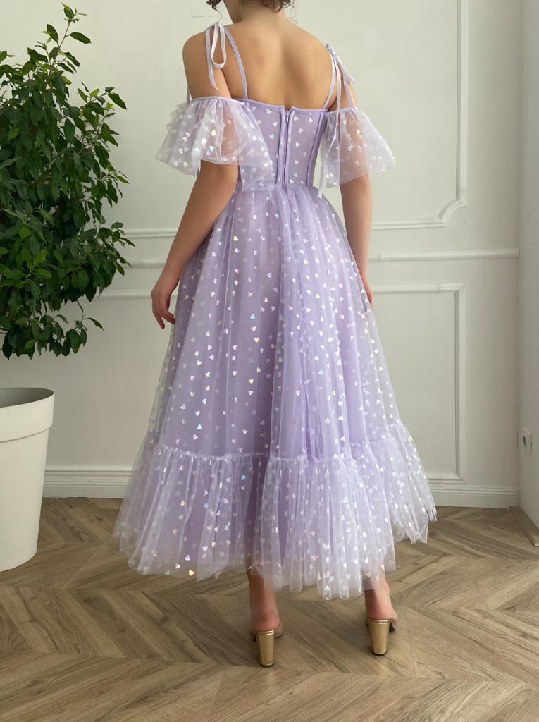 Purple midi dress with hearty fabric, spaghetti straps and off the shoulder sleeves