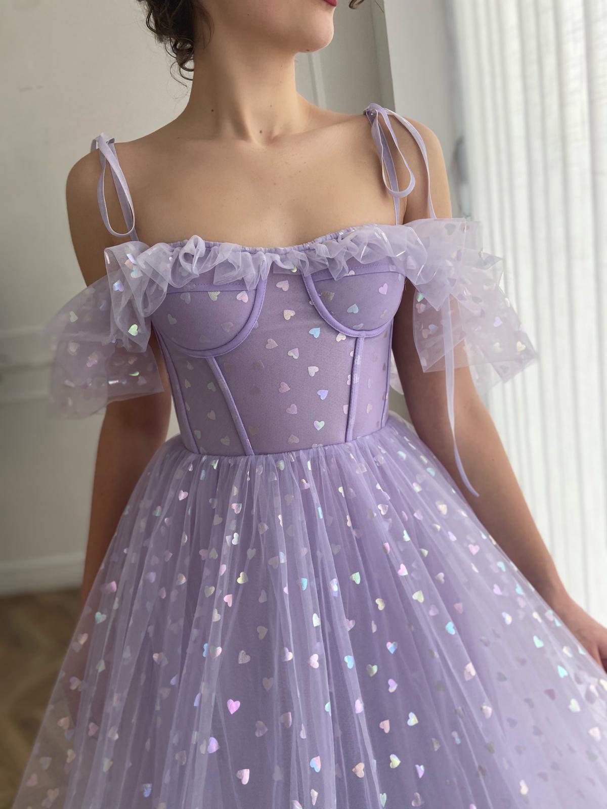 Purple midi dress with hearty fabric, spaghetti straps and off the shoulder sleeves