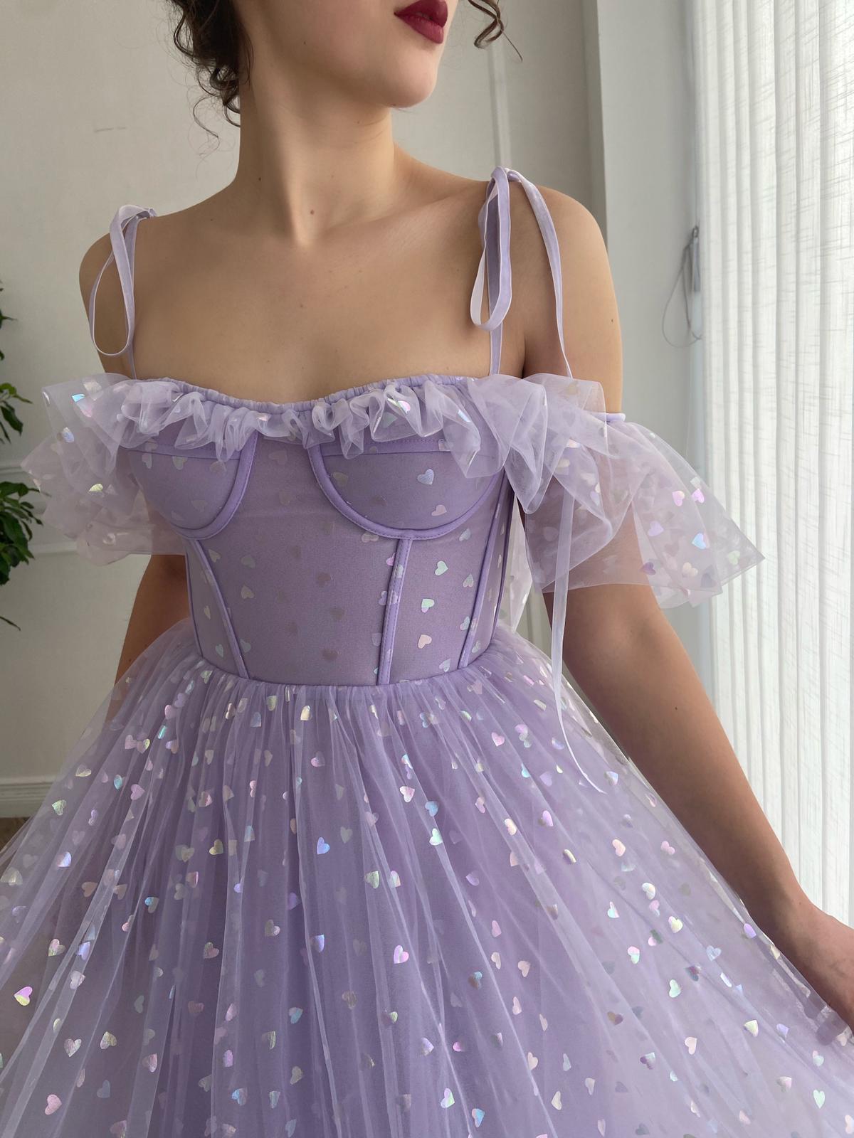 Purple midi dress with hearty fabric, spaghetti straps and off the shoulder sleeves