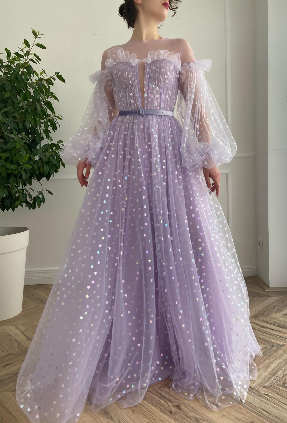 Purple A-Line dress with long sleeves, belt and hearty fabric