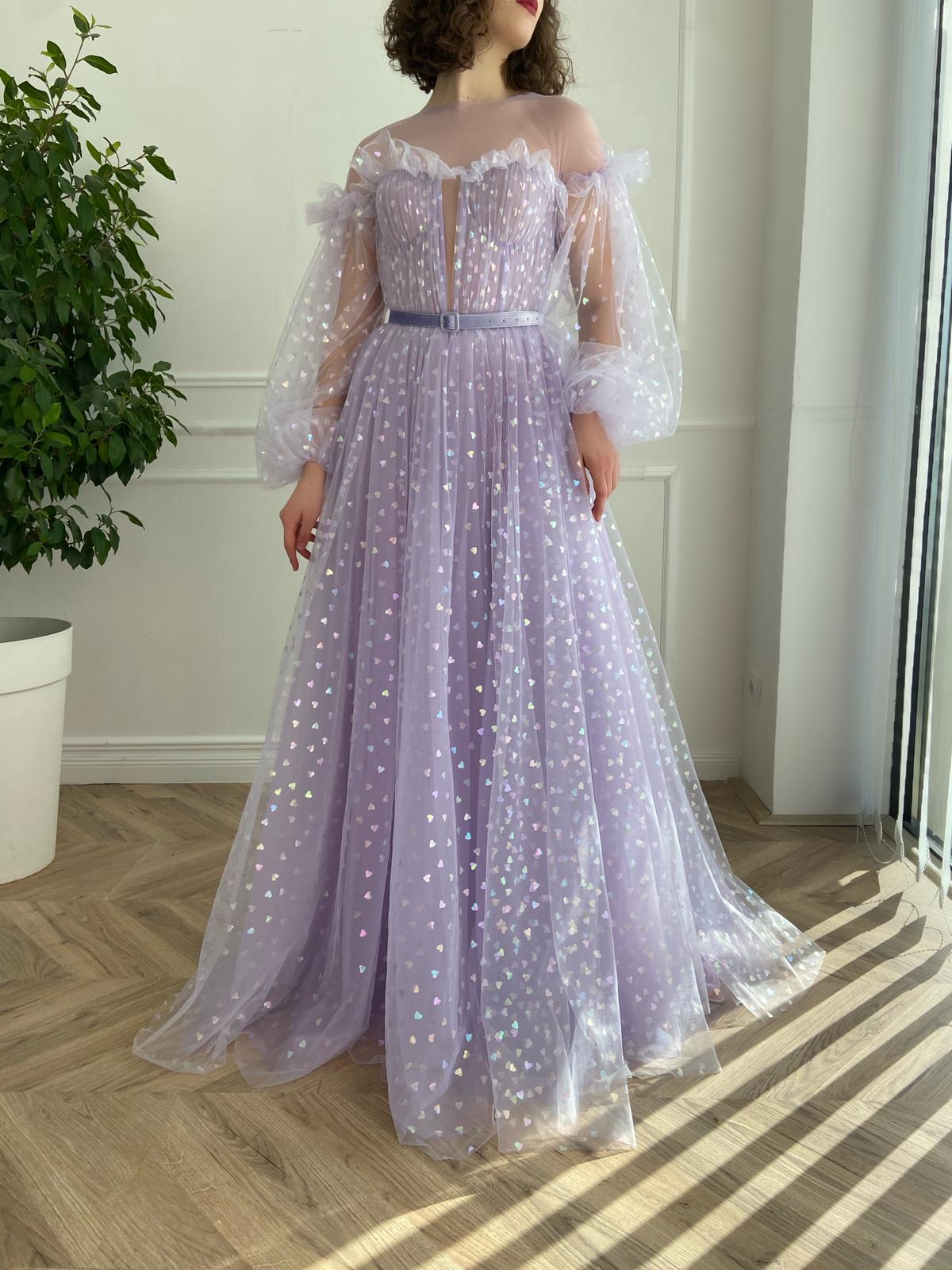 Purple A-Line dress with long sleeves, belt and hearty fabric