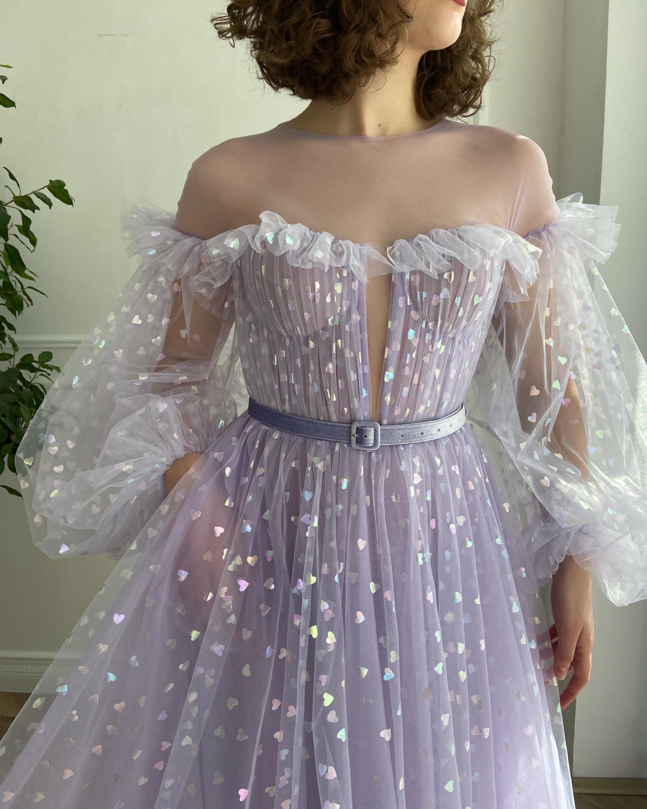 Purple A-Line dress with long sleeves, belt and hearty fabric