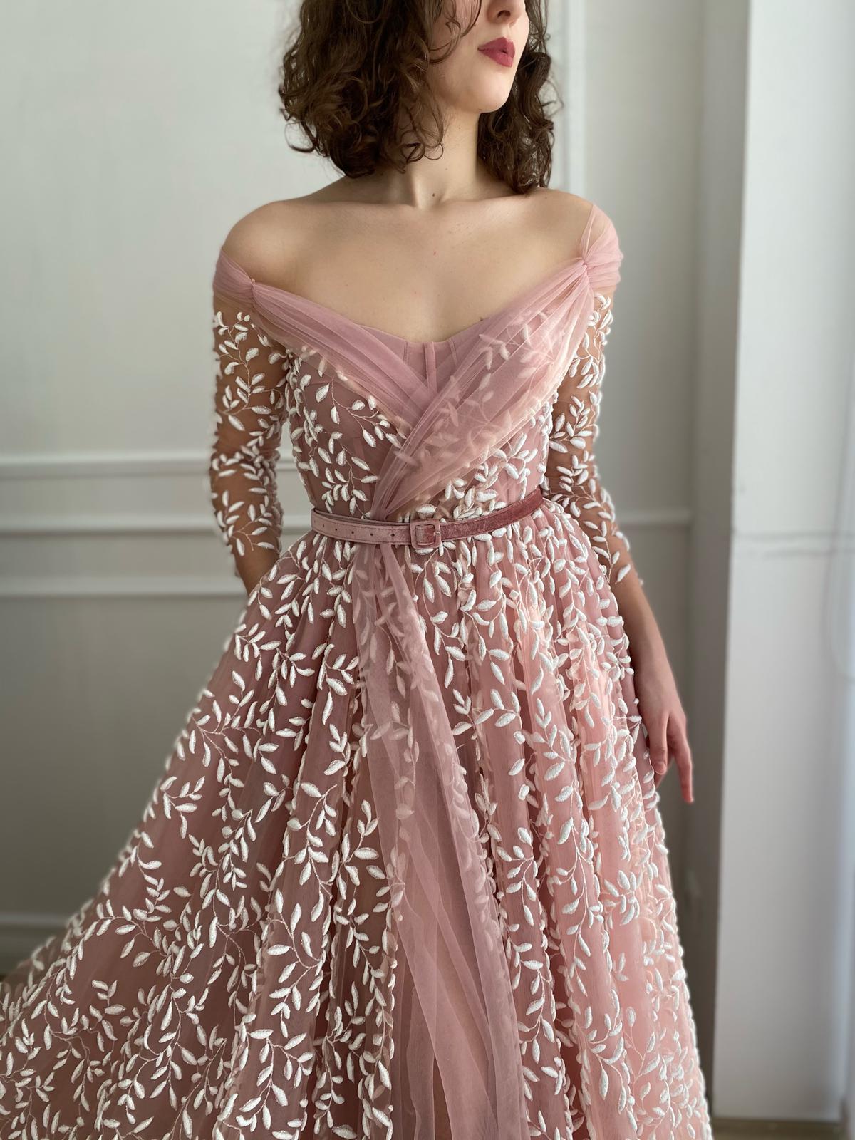 Pink A-Line dress with belt and long off the shoulder sleeves