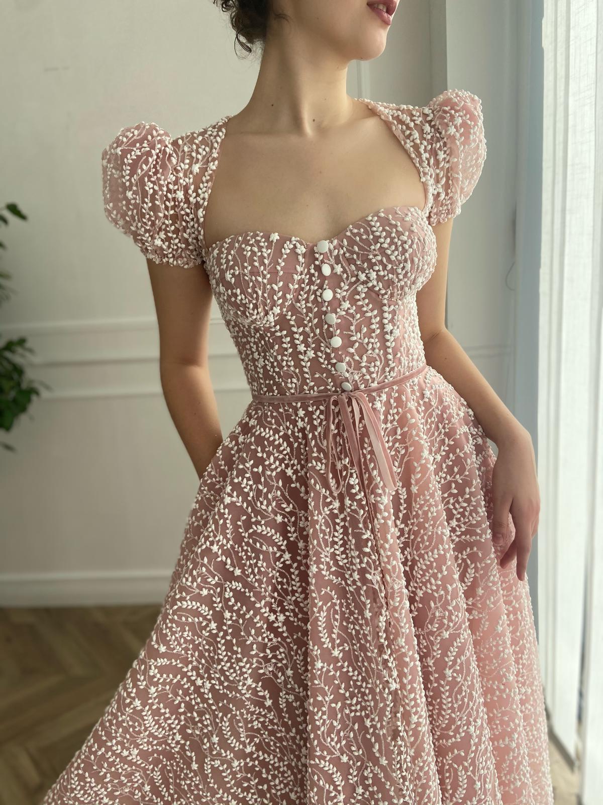 Pink midi dress with short cap sleeves