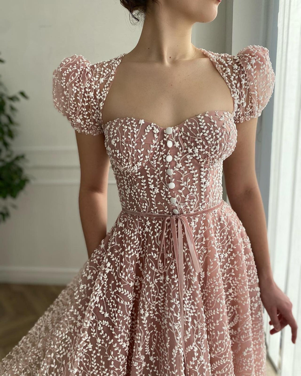 Pink midi dress with short cap sleeves
