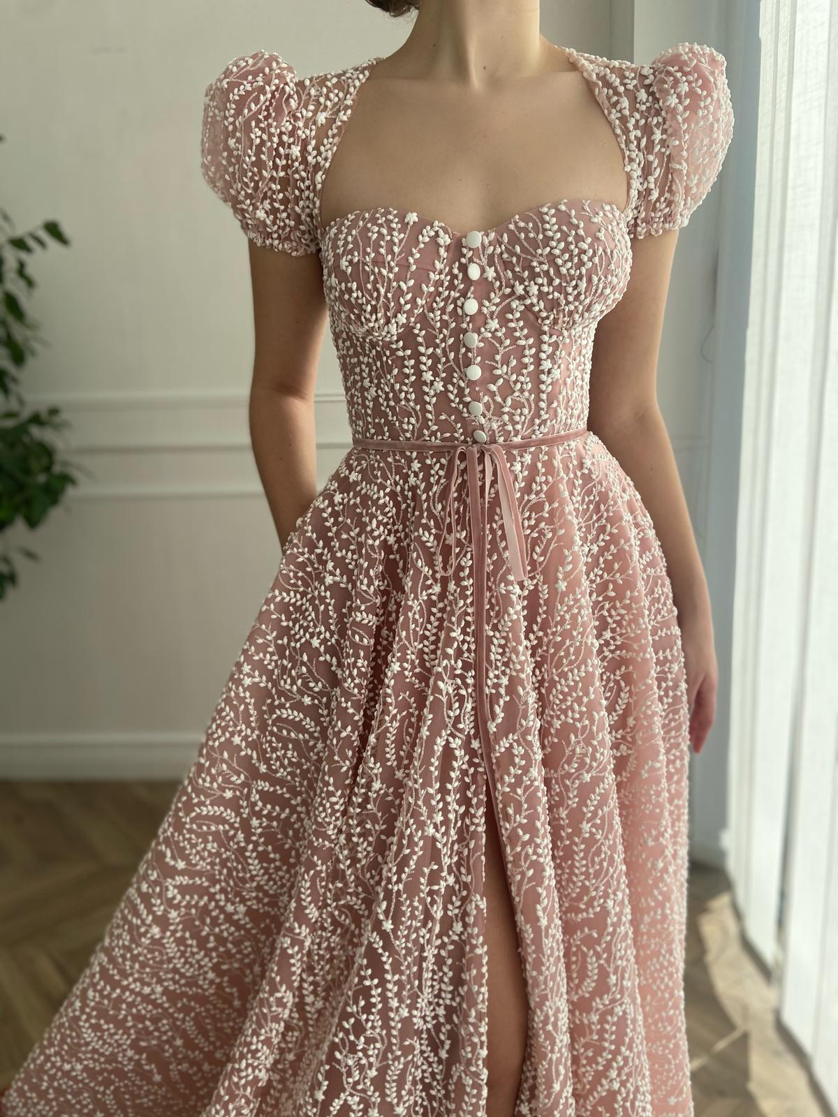 Pink midi dress with short cap sleeves