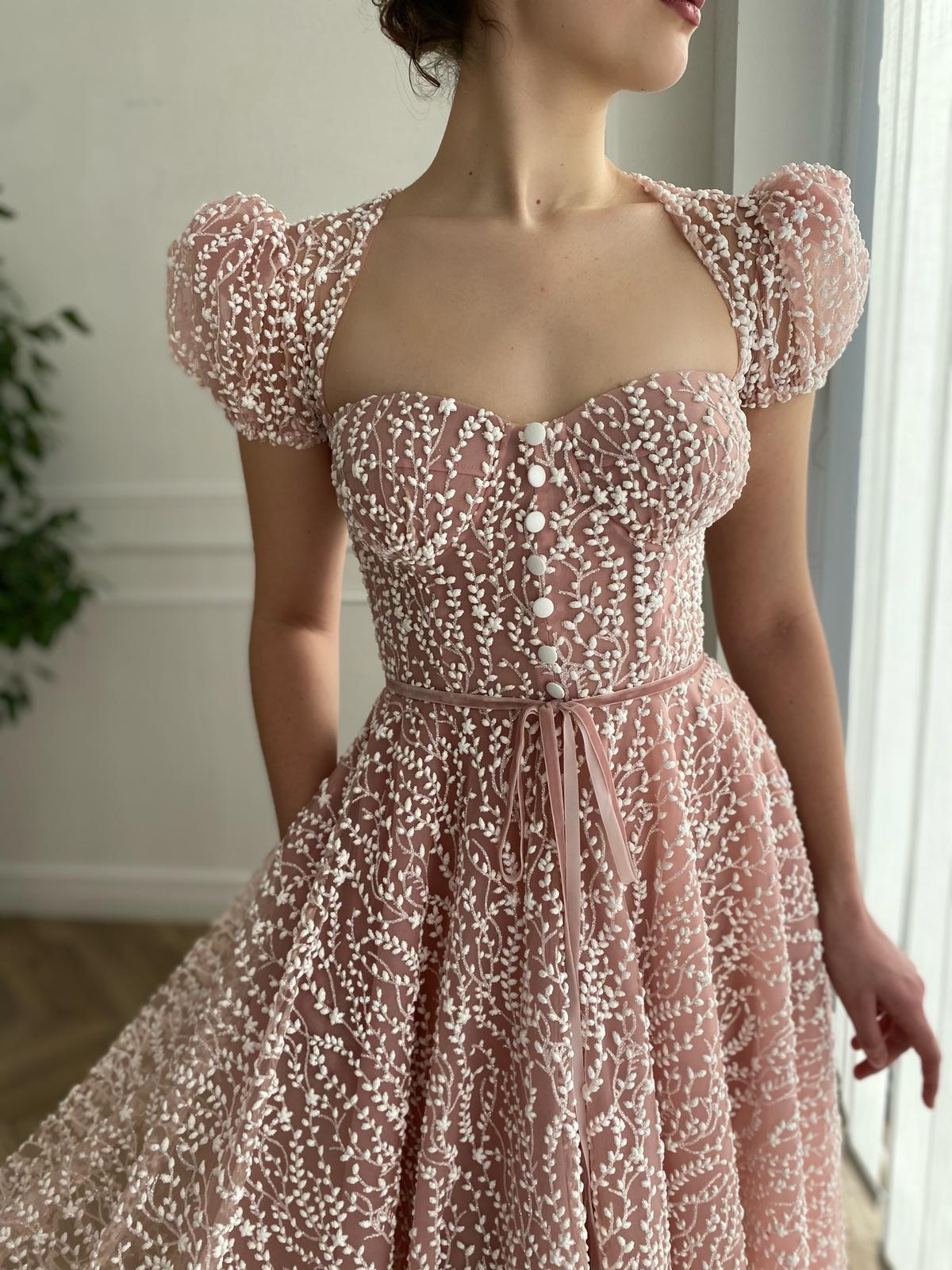 Pink midi dress with short cap sleeves