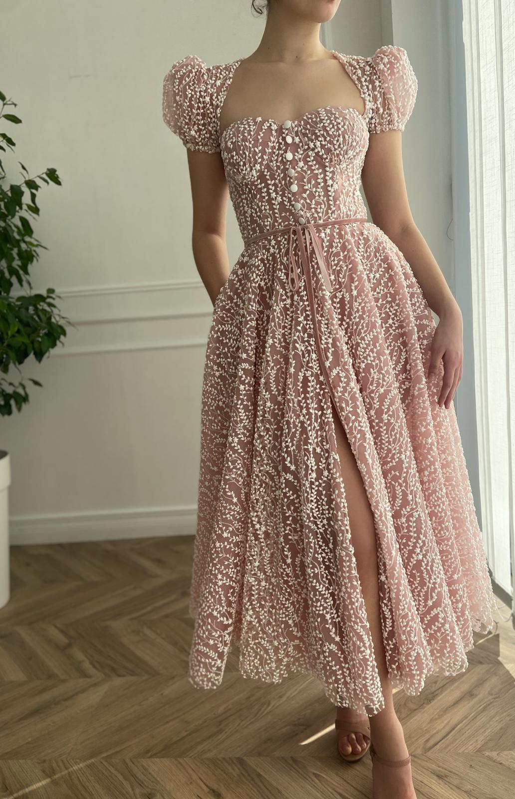 Pink midi dress with short cap sleeves
