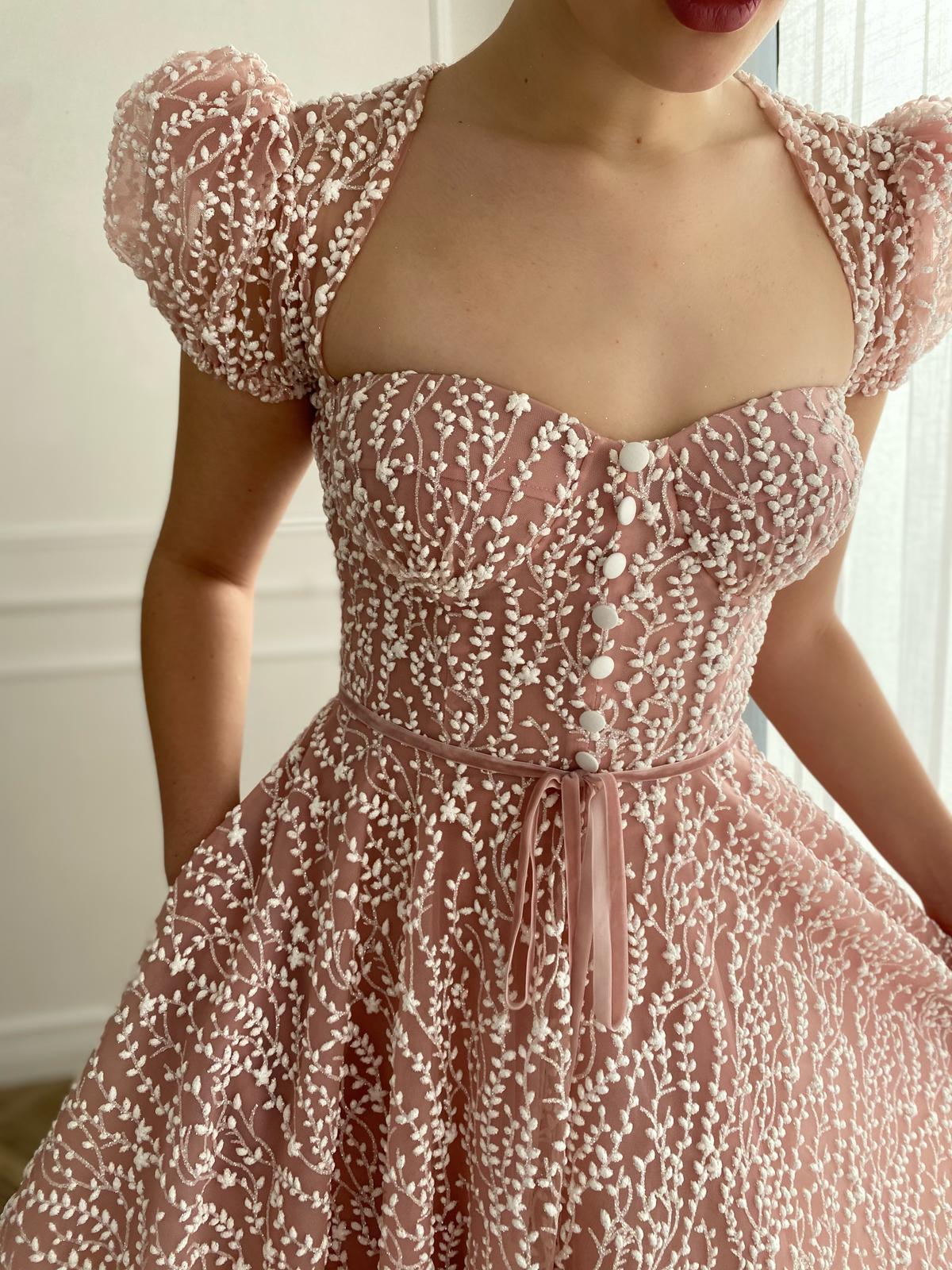 Pink midi dress with short cap sleeves