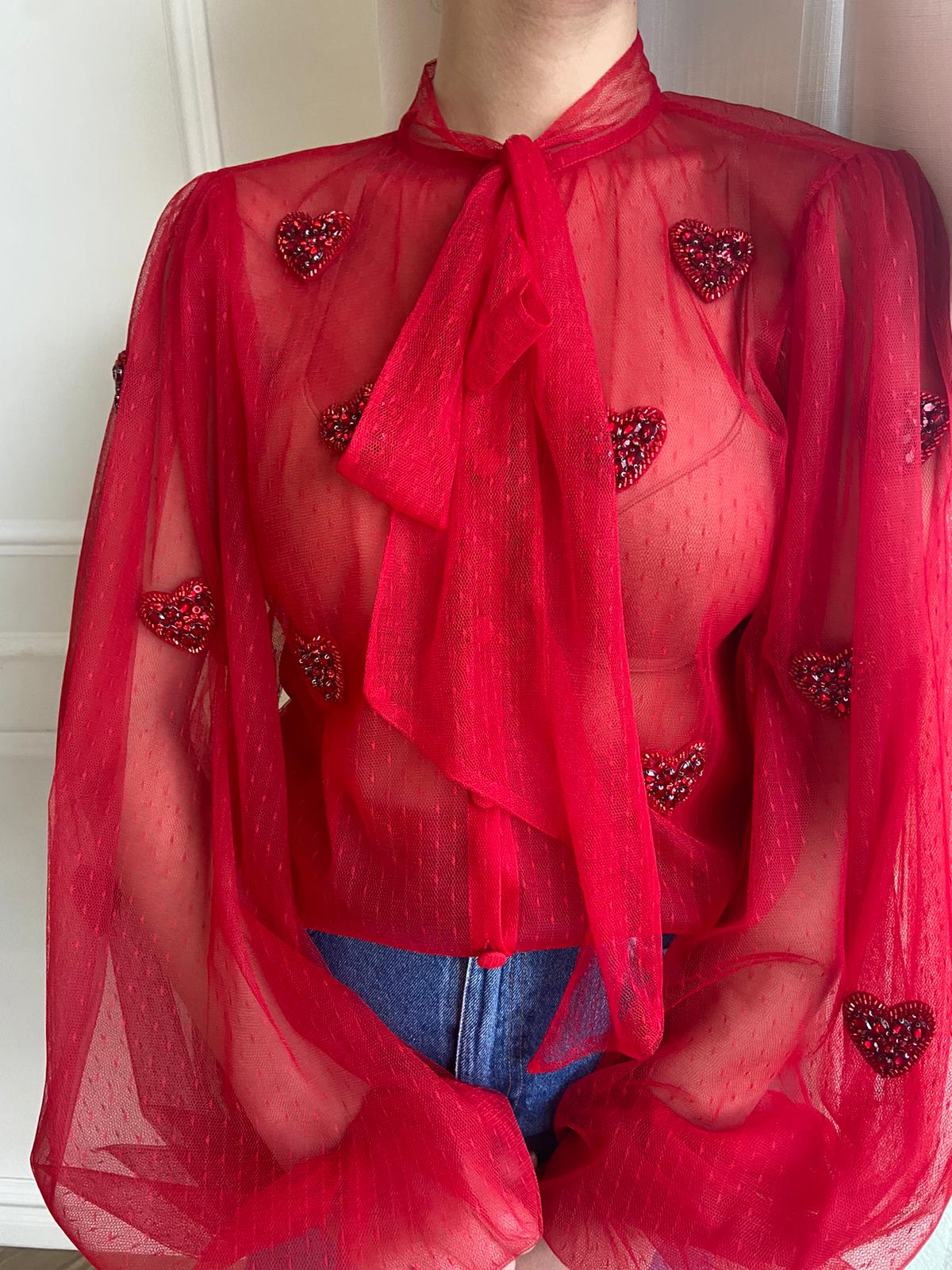Red blouse with embroidered hearts