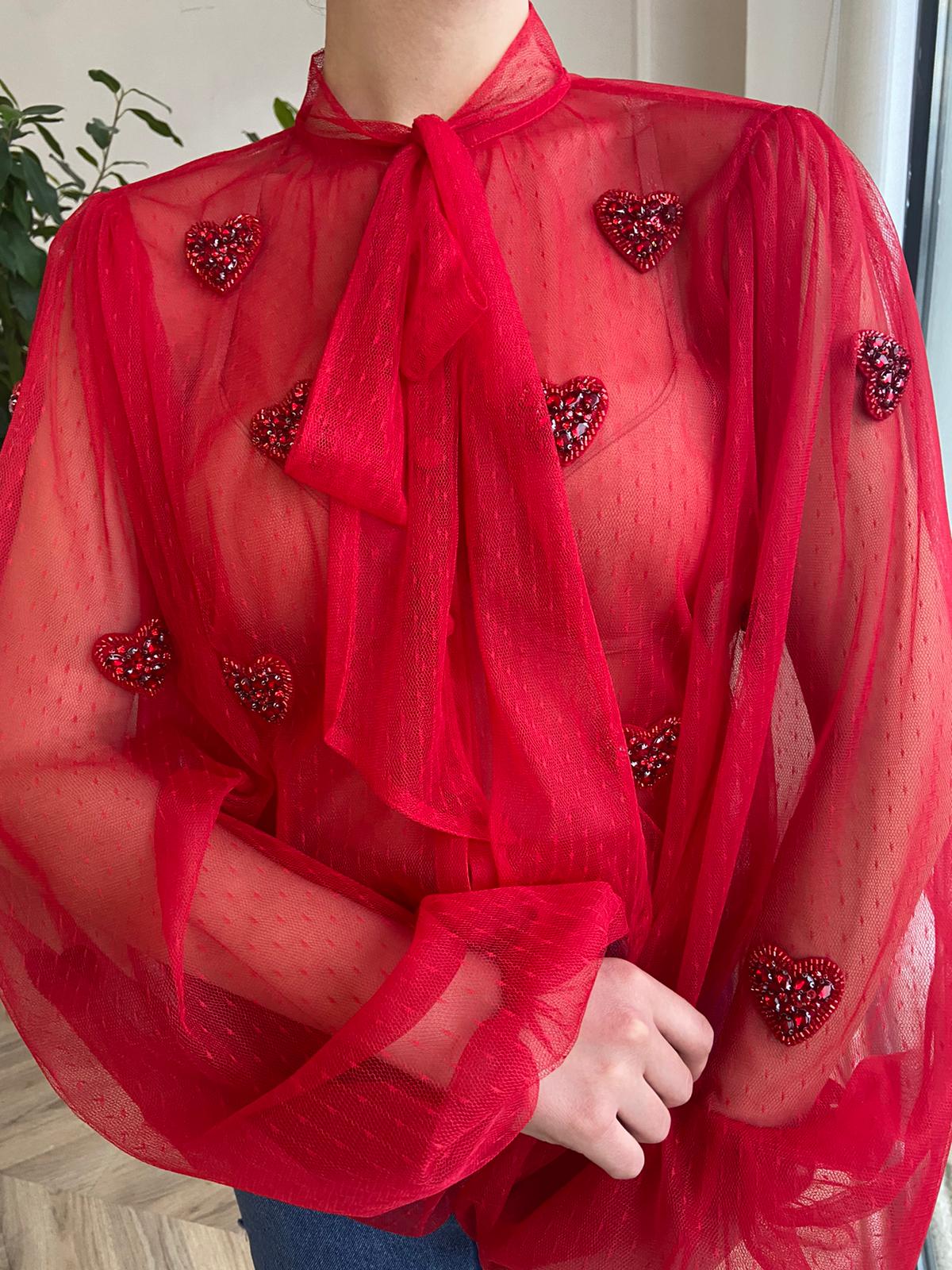 Red blouse with embroidered hearts