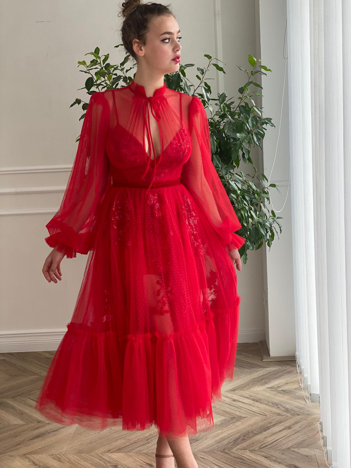Red midi dress with long sleeves and embroidery