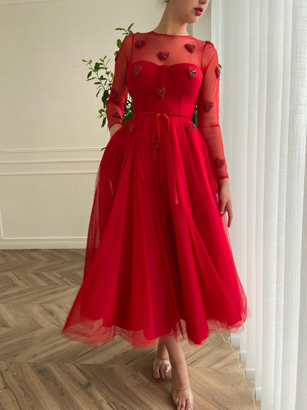 Red midi dress with embroidered hearts and long sleeves