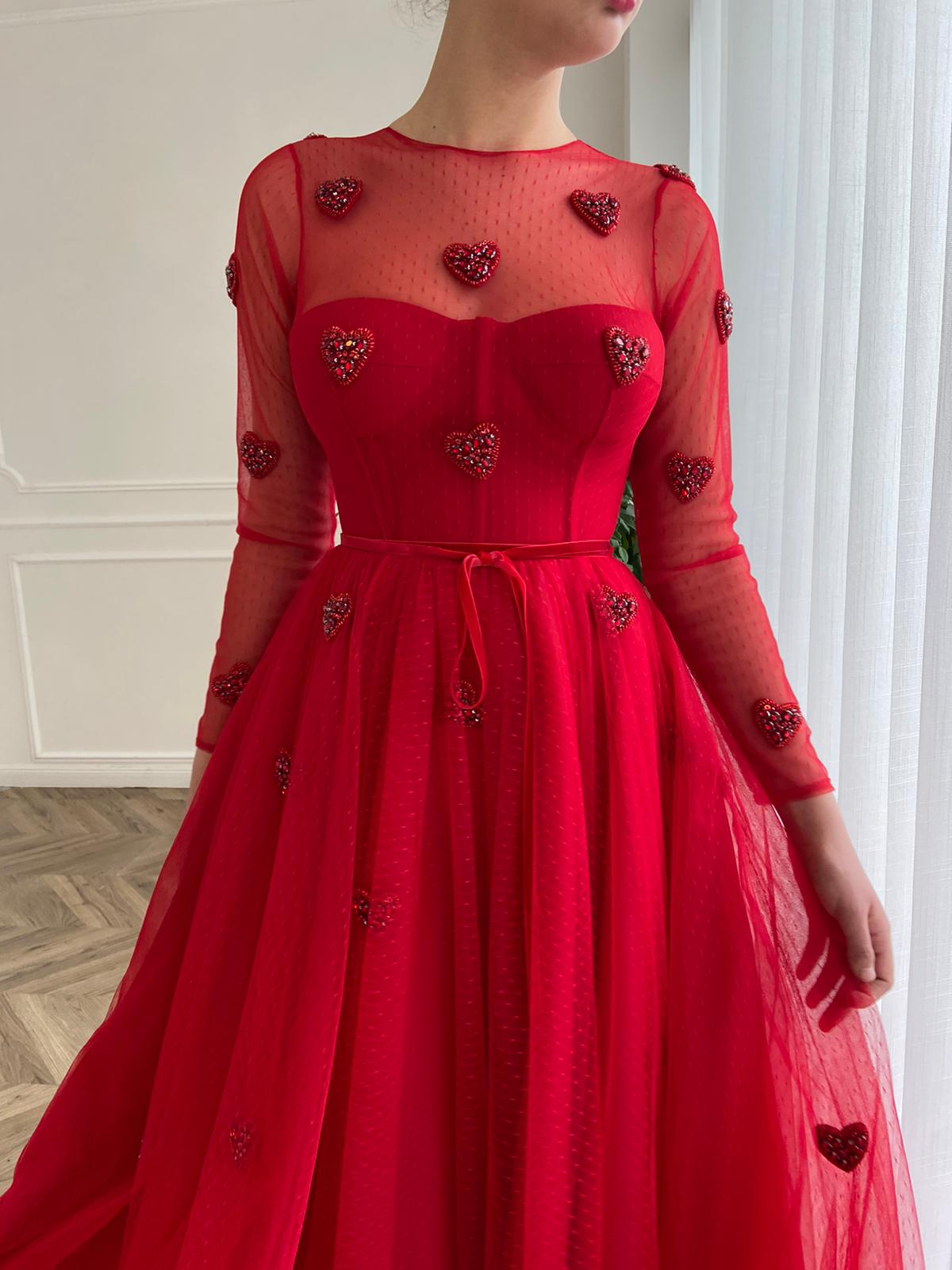 Red midi dress with embroidered hearts and long sleeves