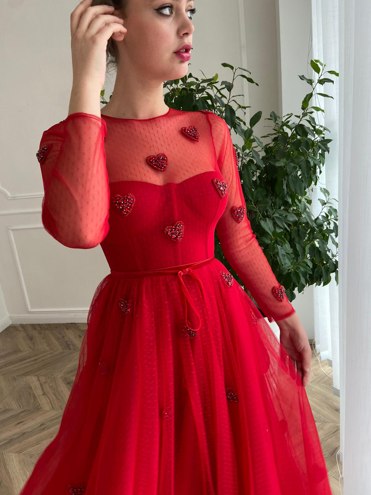 Red midi dress with embroidered hearts and long sleeves