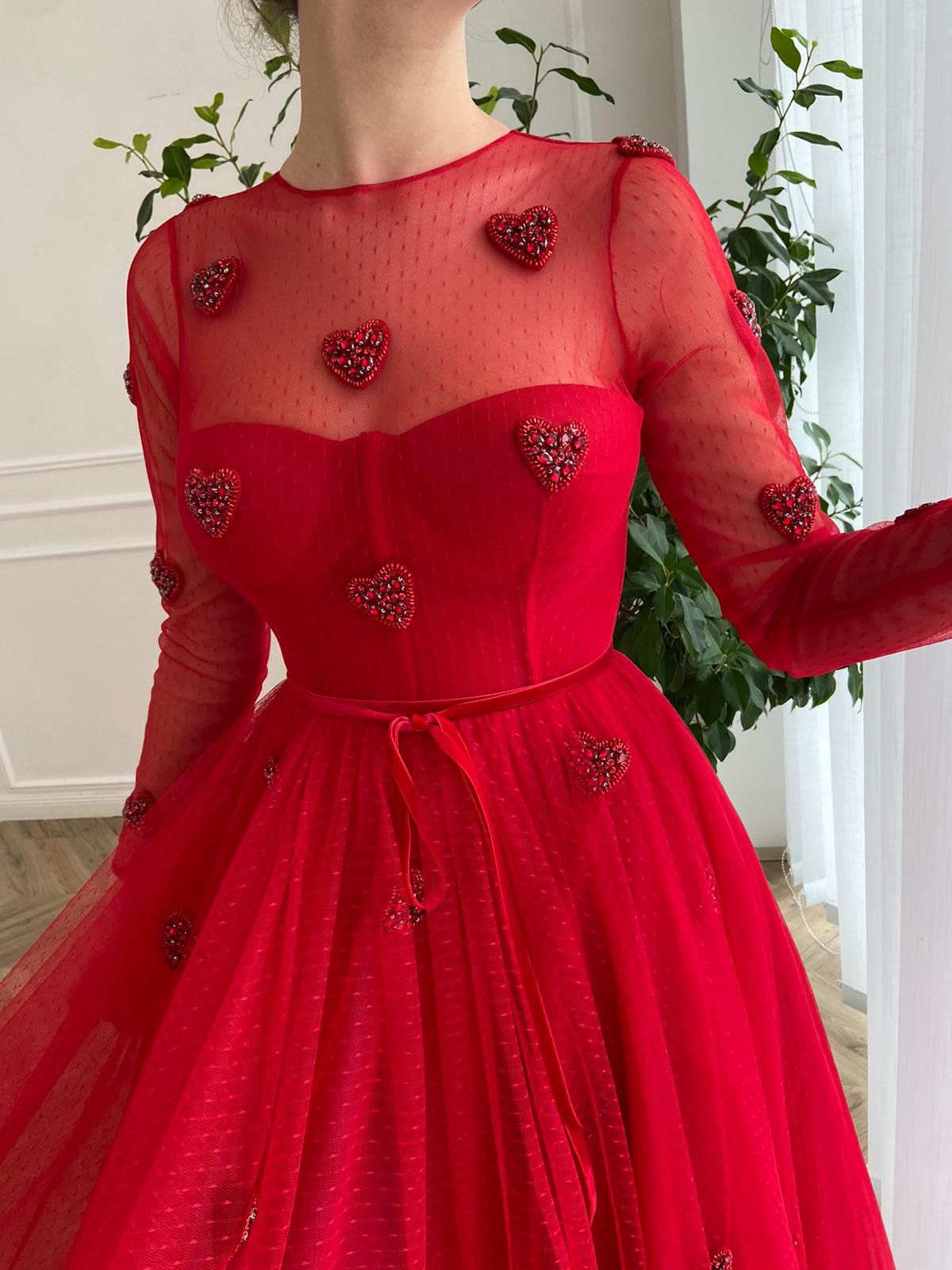 Red midi dress with embroidered hearts and long sleeves