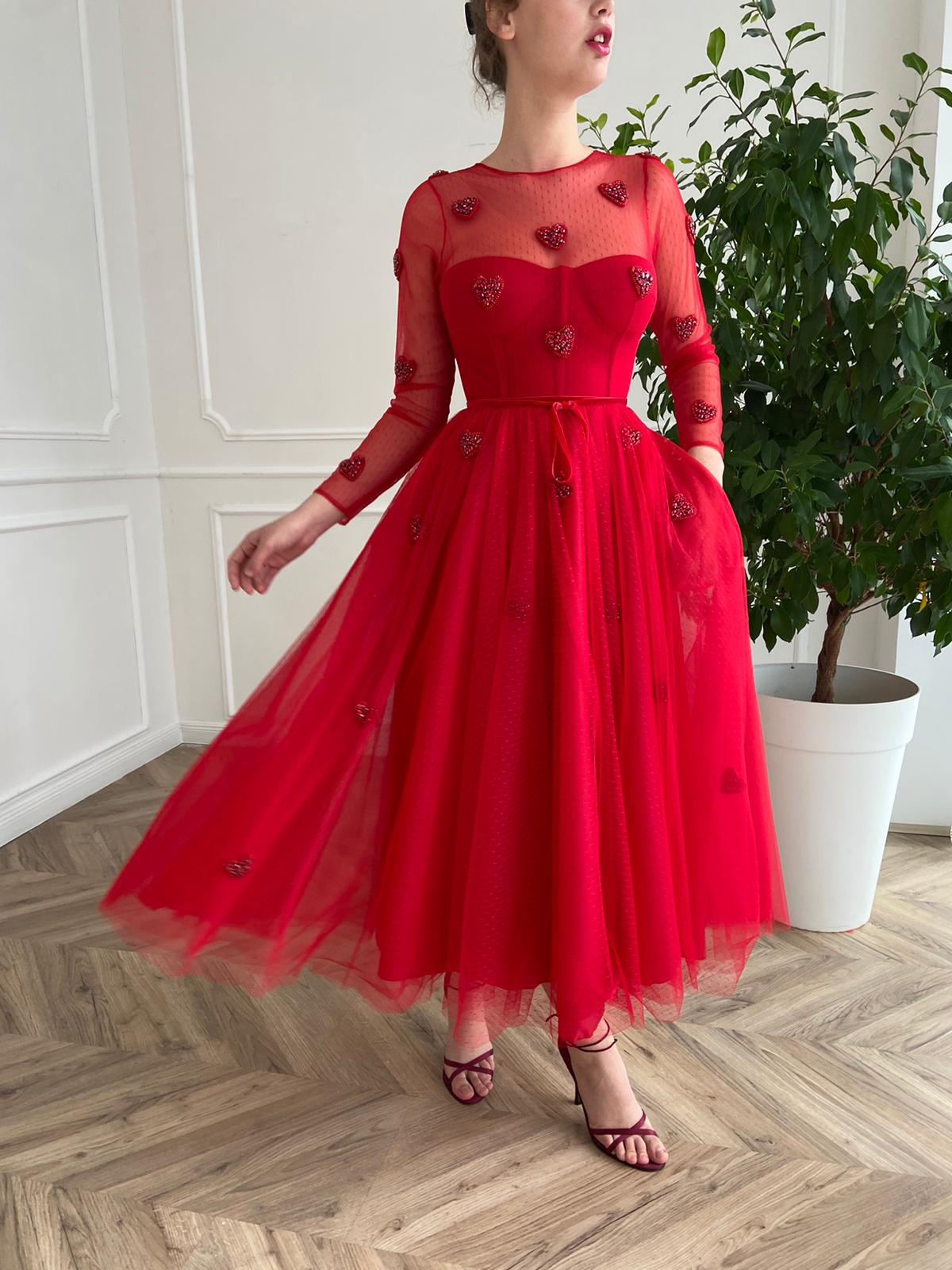 Red midi dress with embroidered hearts and long sleeves