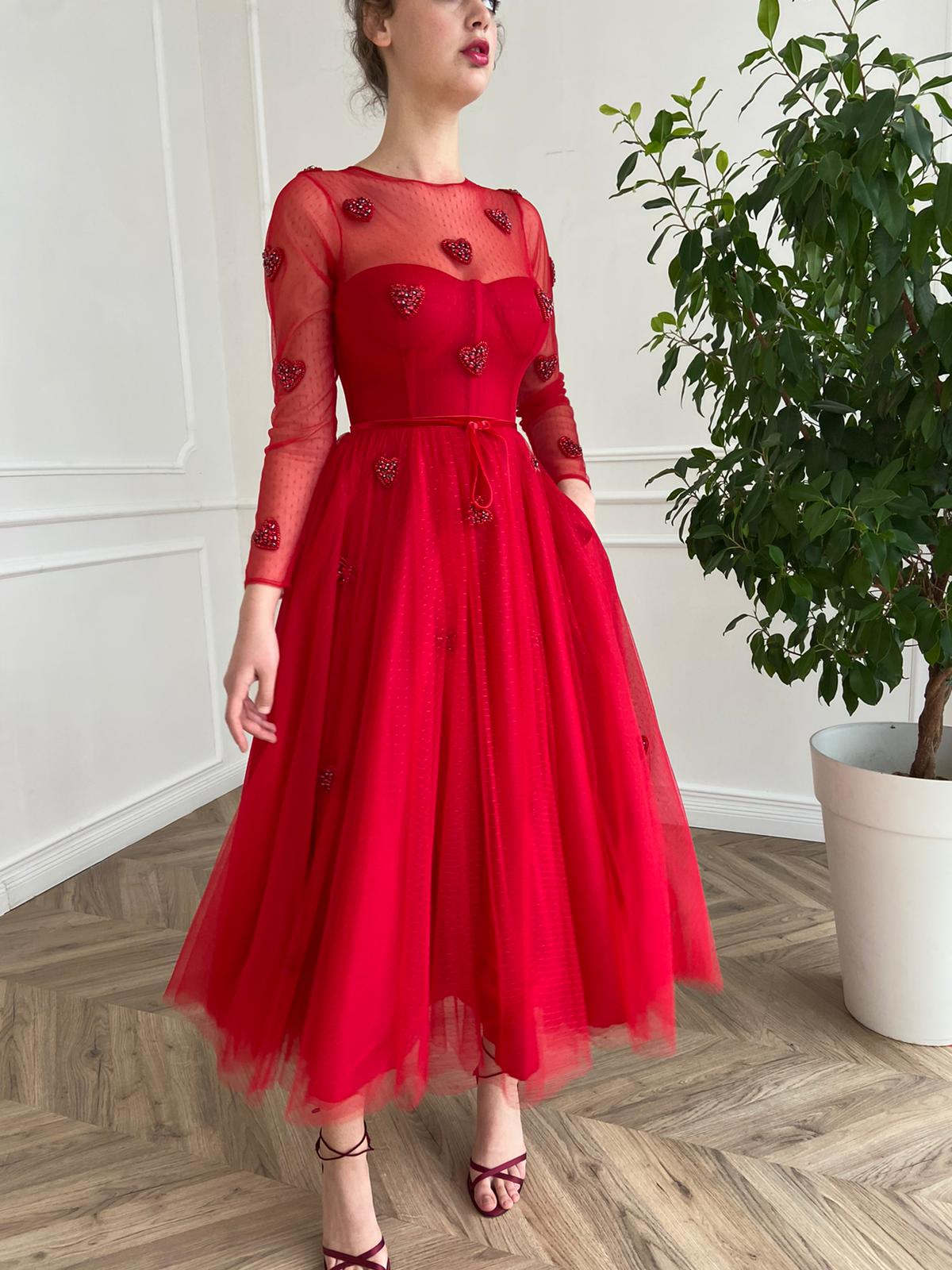 Red midi dress with embroidered hearts and long sleeves