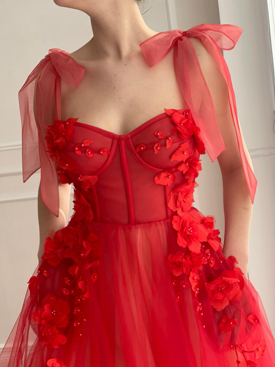 Red A-Line dress with bow straps and embroidery